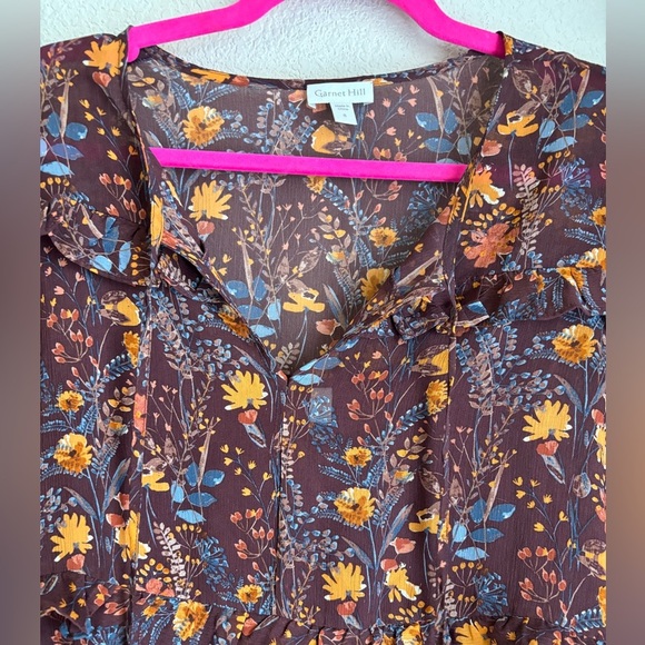 Garnet Hill 100% Silk Burgundy Floral Ruffled Boho Knee Length Swing Dress S - Picture 5 of 8